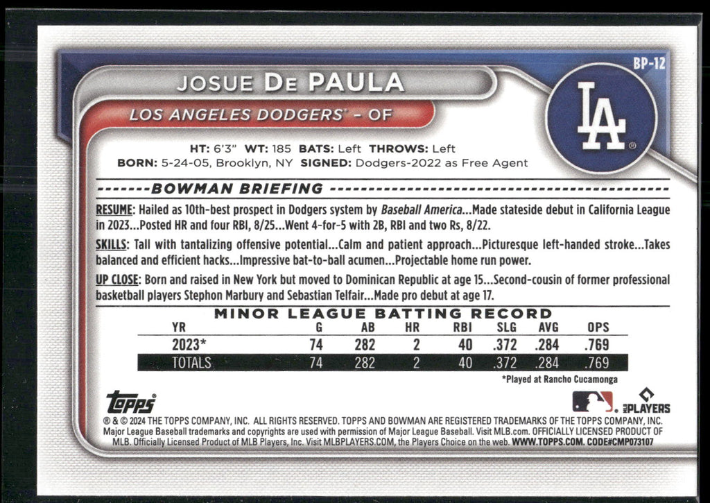2024 Bowman #BP-12 Josue De Paula Prospects