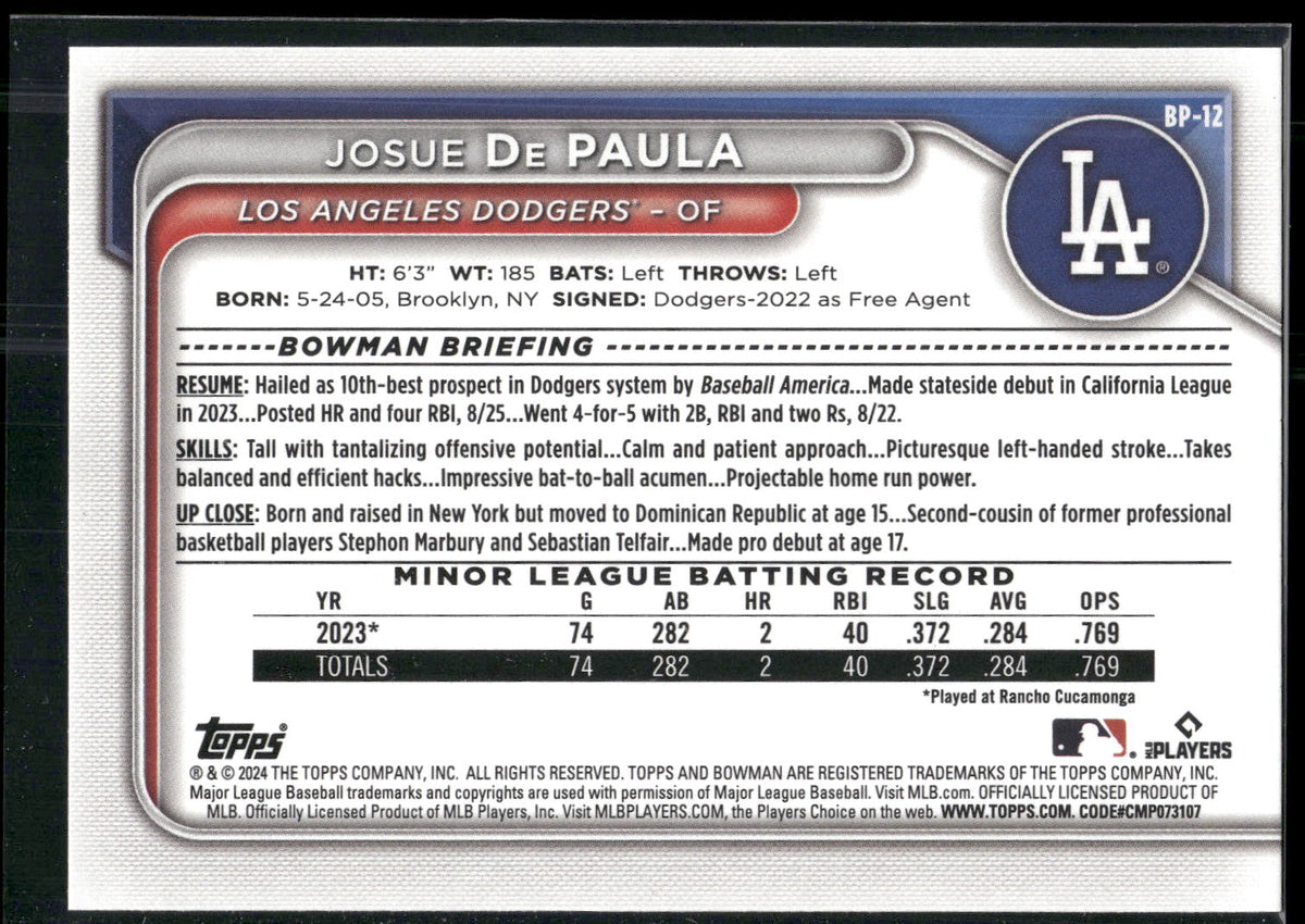 2024 Bowman #BP-12 Josue De Paula Prospects