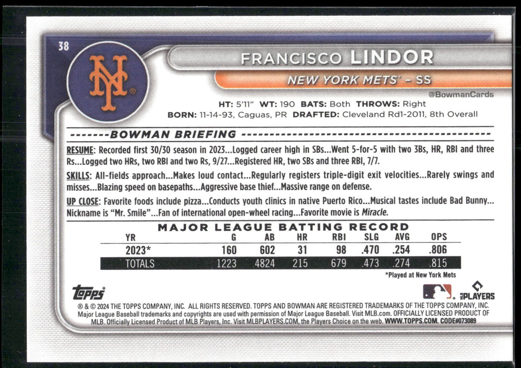 2024 Bowman #38 Francisco Lindor