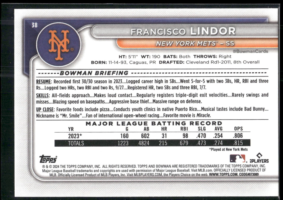 2024 Bowman #38 Francisco Lindor