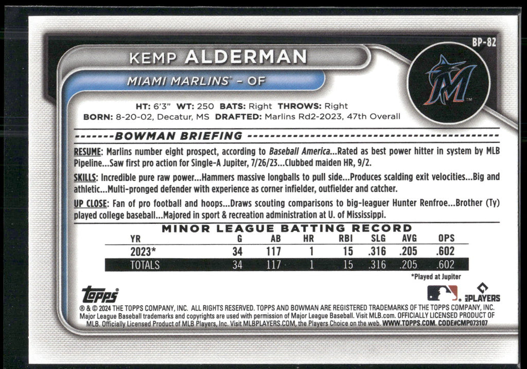 2024 Bowman #BP-82 Kemp Alderman Prospects