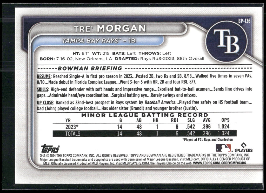 2024 Bowman #BP-126 Tre' Morgan Prospects