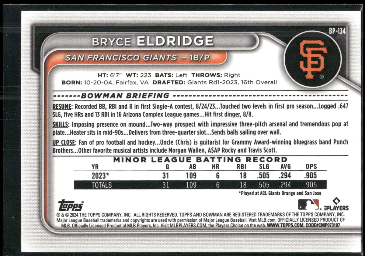 2024 Bowman #BP-134 Bryce Eldridge Prospects