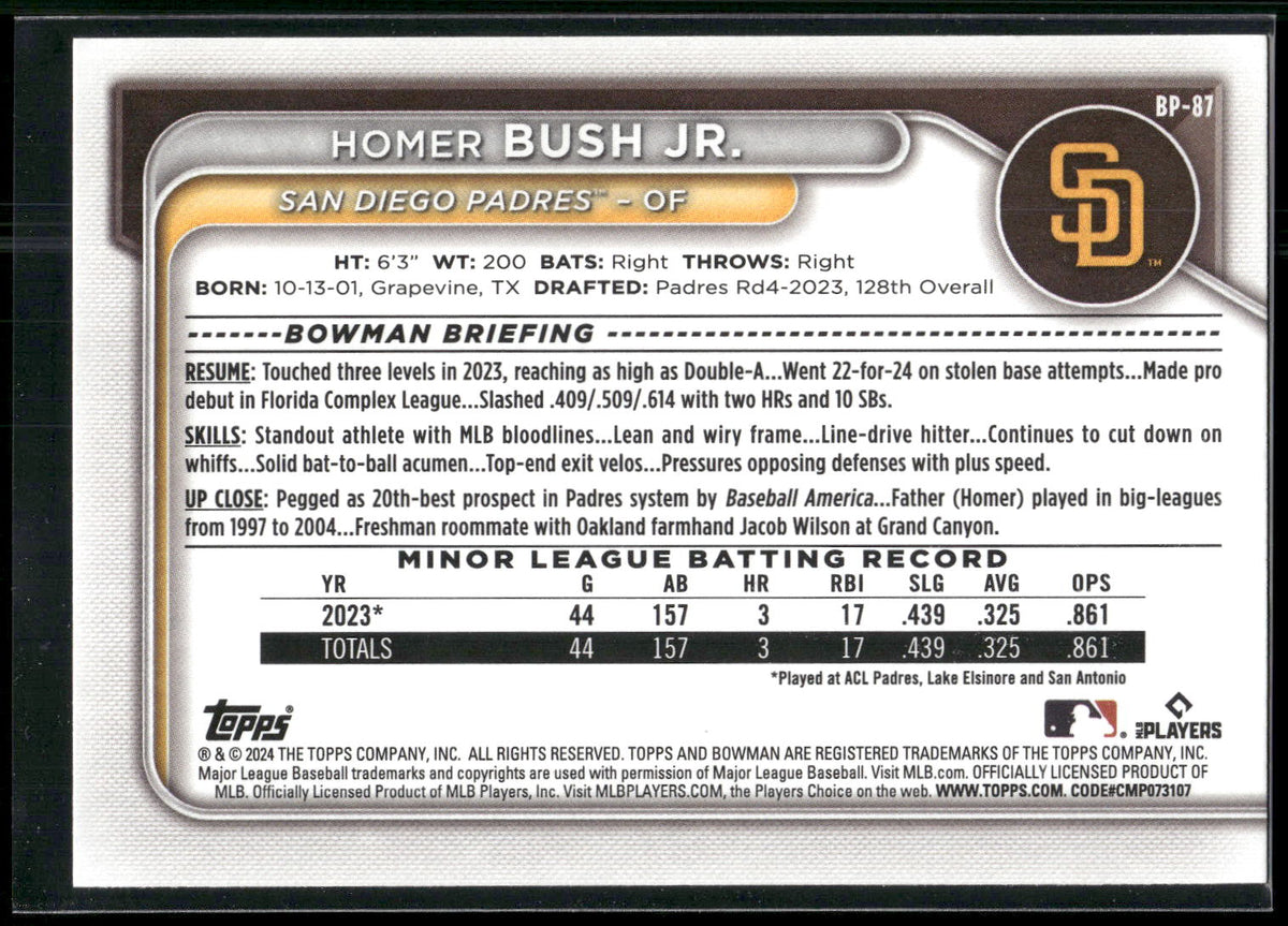 2024 Bowman #BP-87 Homer Bush Jr. Prospects