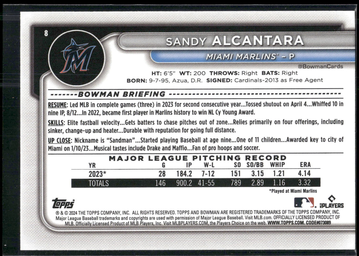 2024 Bowman #8 Sandy Alcantara