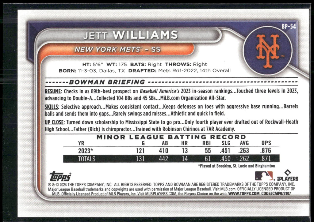 2024 Bowman #BP-54 Jett Williams Prospects