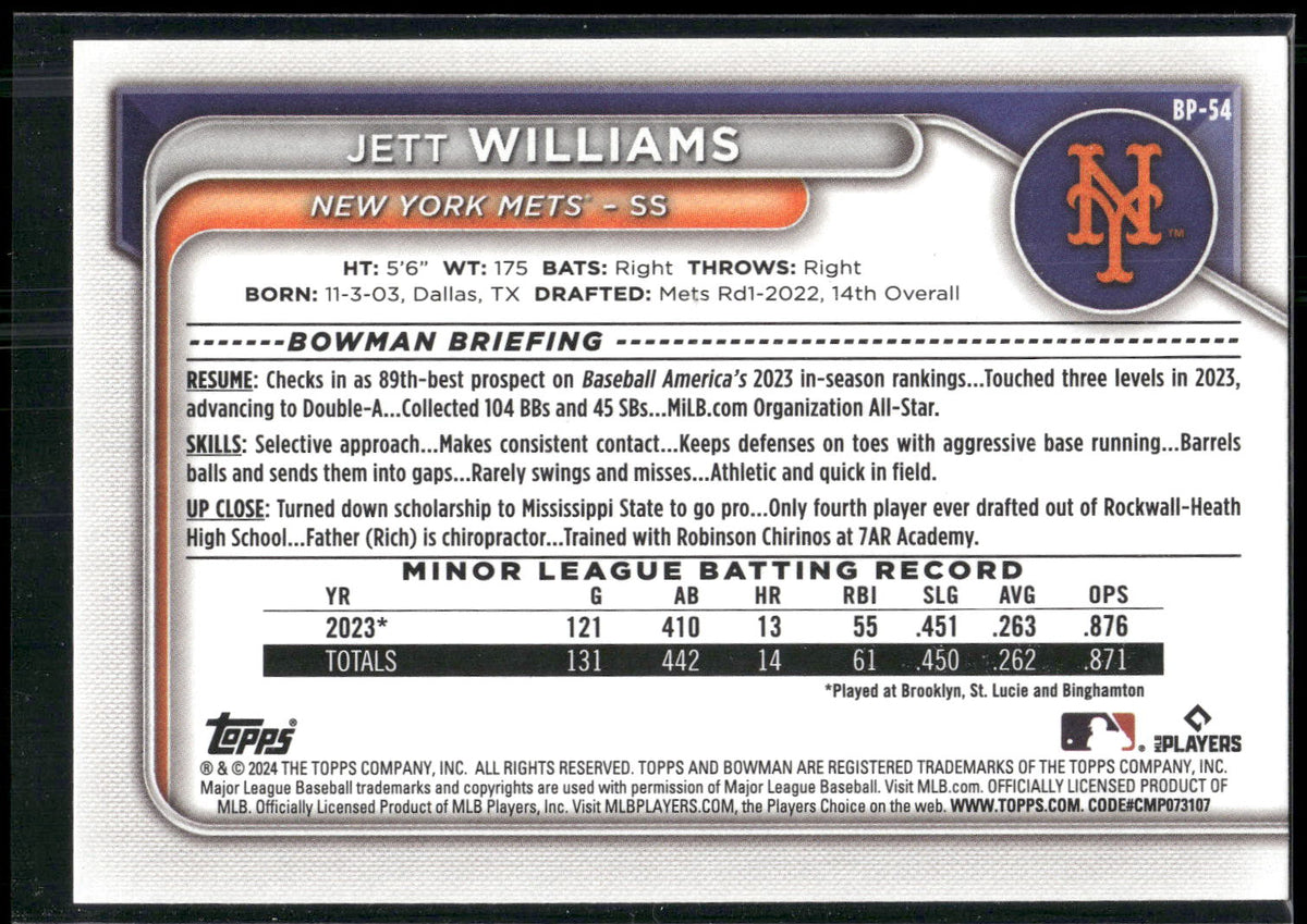 2024 Bowman #BP-54 Jett Williams Prospects
