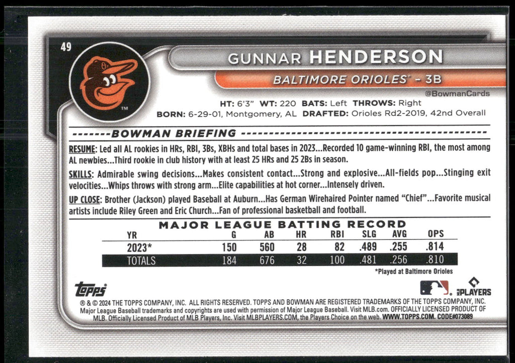 2024 Bowman #49 Gunnar Henderson