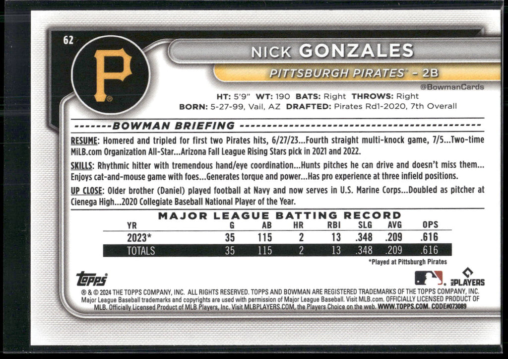 2024 Bowman #62 Nick Gonzales