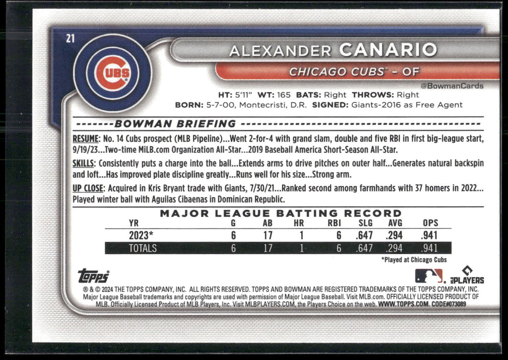 2024 Bowman #21 Alexander Canario