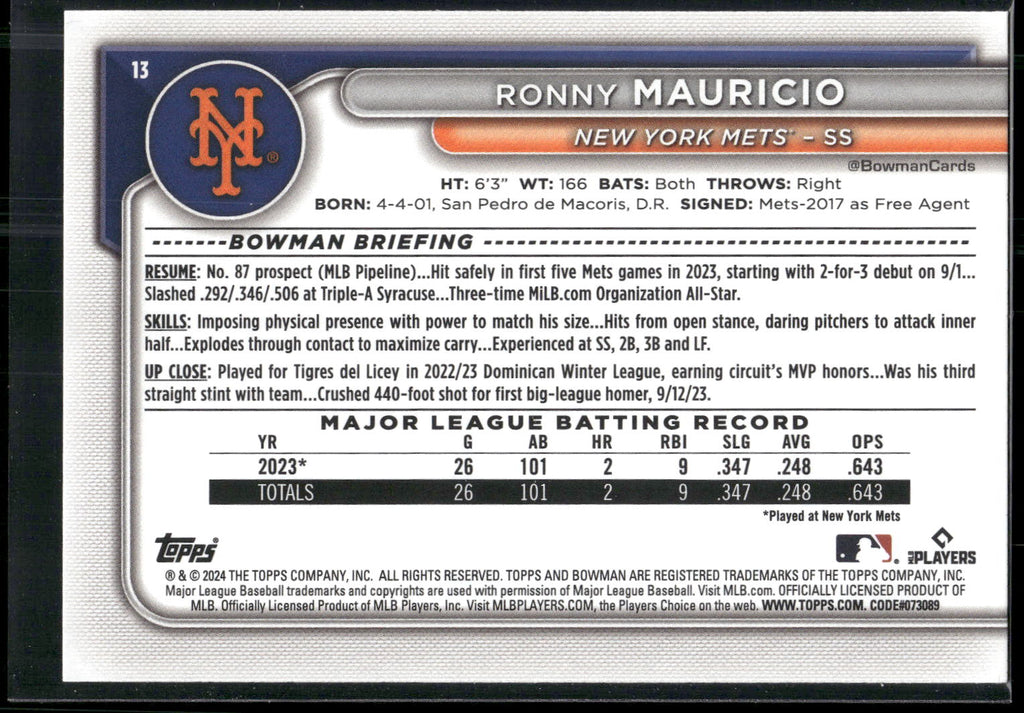 2024 Bowman #13 Ronny Mauricio