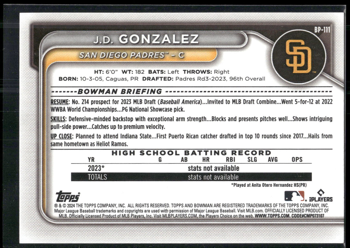 2024 Bowman #BP-111 J.D. Gonzalez Prospects