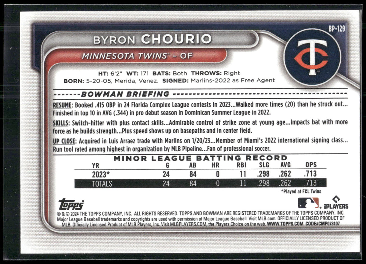 2024 Bowman #BP-129 Byron Chourio Prospects
