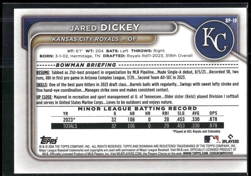 2024 Bowman #BP-19 Jared Dickey Prospects