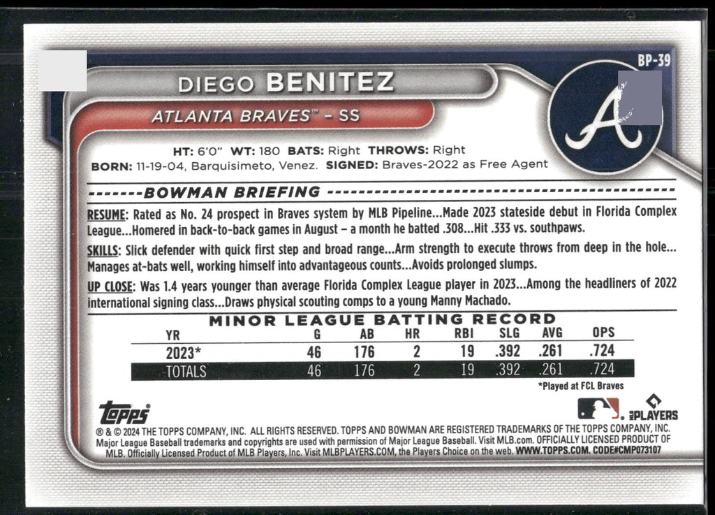 2024 Bowman #BP-39 Diego Benitez Prospects