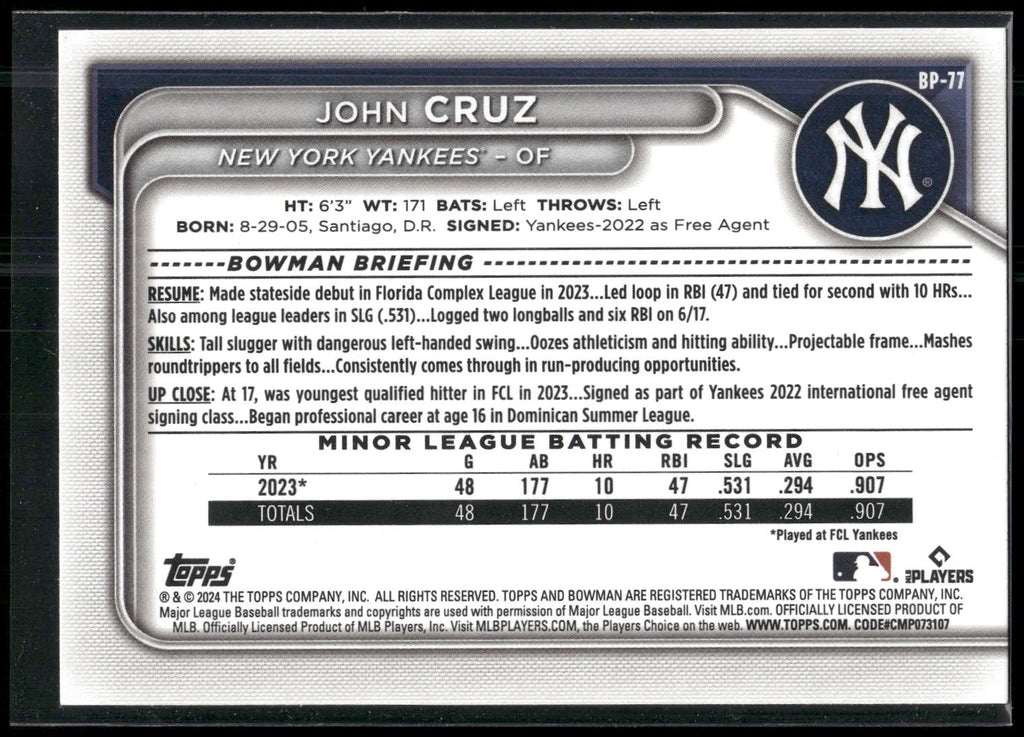 2024 Bowman #BP-77 John Cruz Prospects