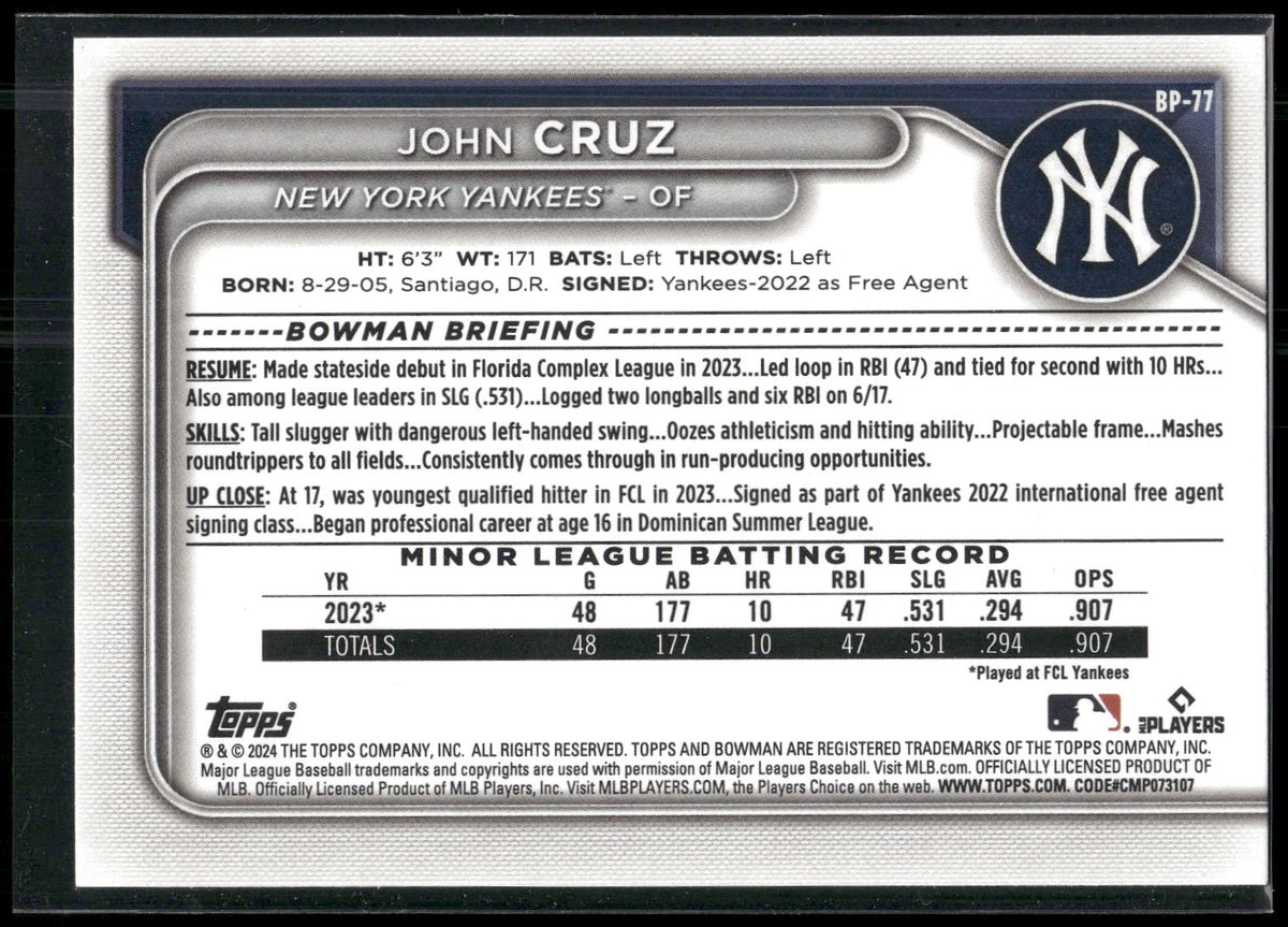 2024 Bowman #BP-77 John Cruz Prospects