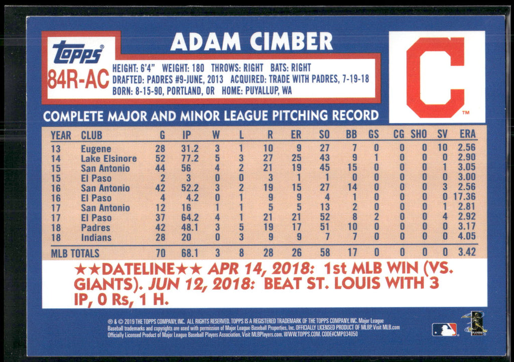2019 Topps #84R-AC Adam Cimber 1984 Topps Baseball 35th Anniversary Rookies