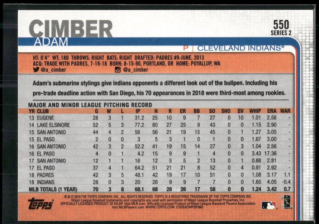 2019 Topps #550 Adam Cimber