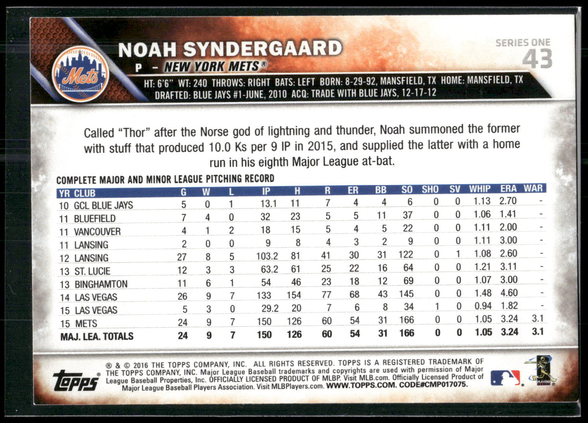 2016 Topps #43 Noah Syndergaard