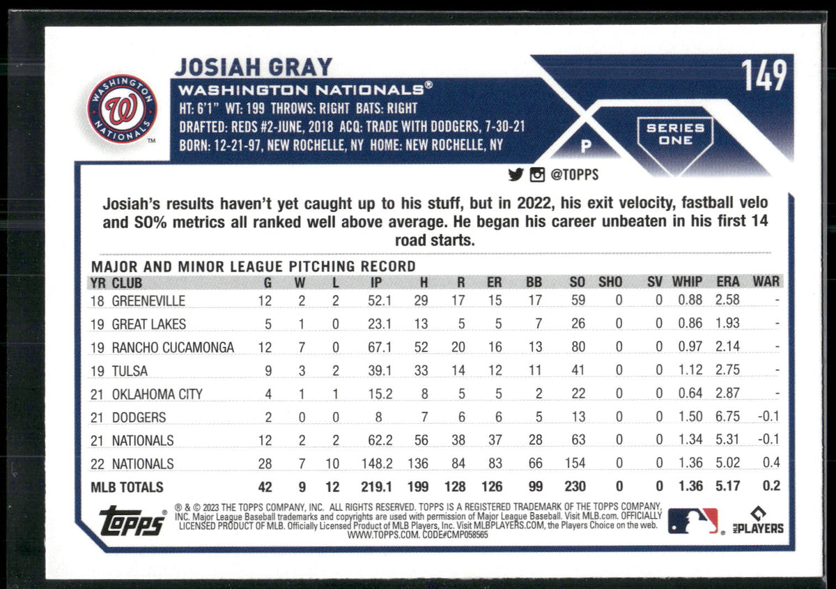 2023 Topps #149 Josiah Gray