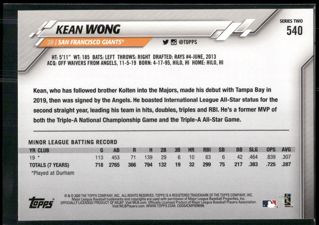 2020 Topps #540 Kean Wong