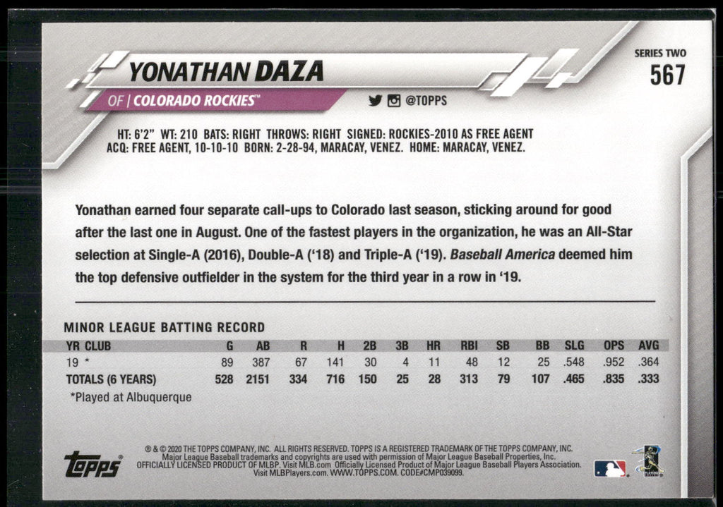 2020 Topps #567 Yonathan Daza