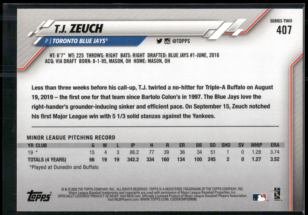 2020 Topps #407 T.J. Zeuch