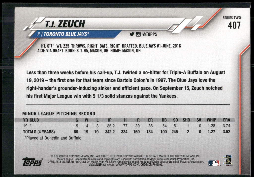 2020 Topps #407 T.J. Zeuch