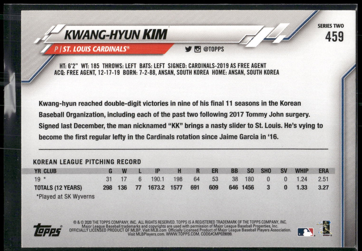 2020 Topps #459 Kwang-Hyun Kim