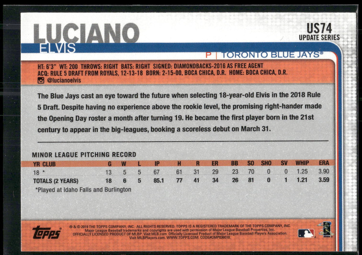2019 Topps Update #US74 Elvis Luciano