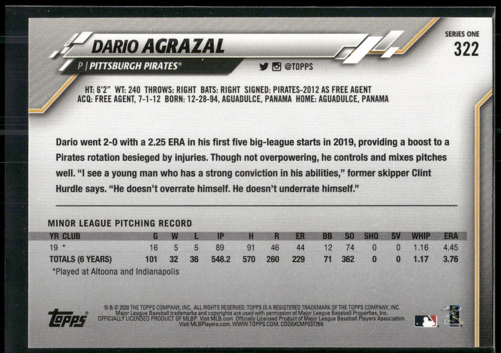 2020 Topps #322 Dario Agrazal