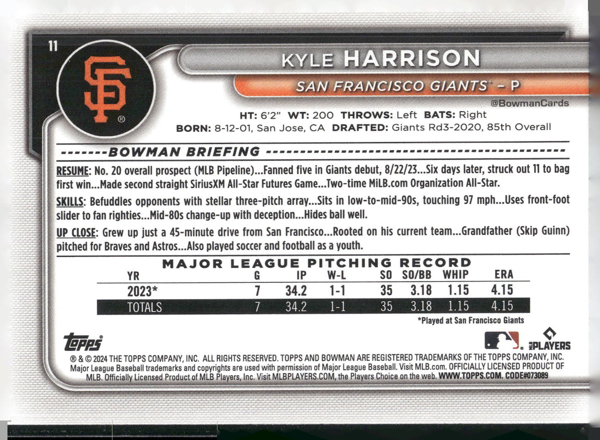 2024 Bowman #11 Kyle Harrison