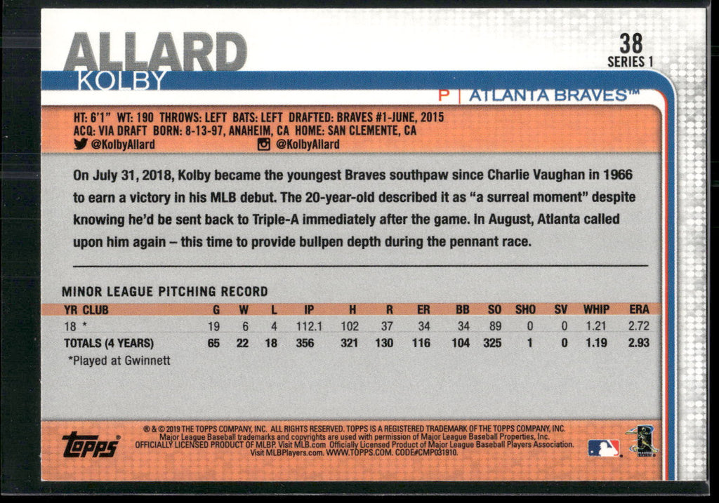 2019 Topps #38 Kolby Allard