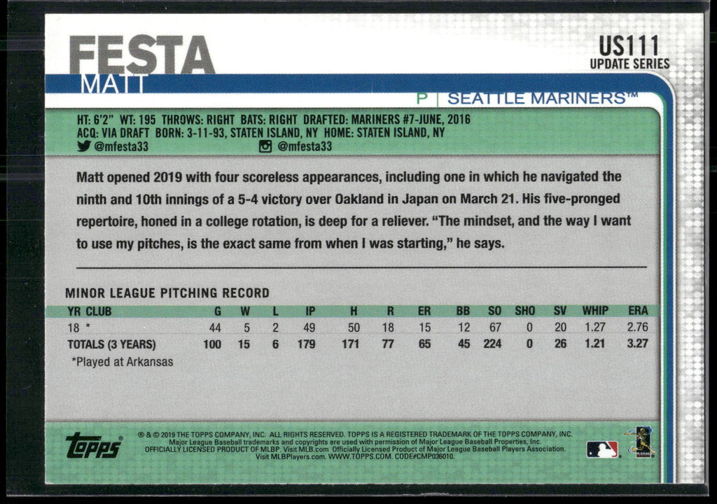 2019 Topps Update #US111 Matt Festa
