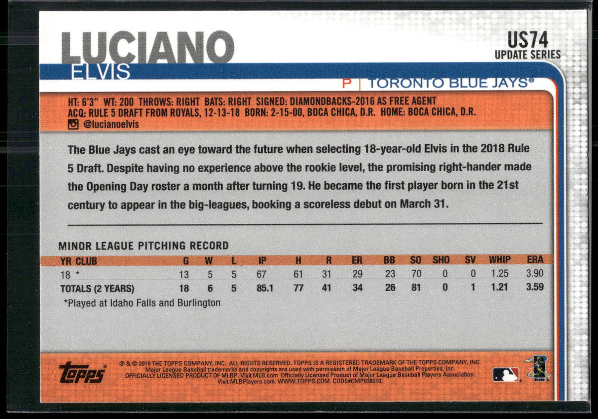2019 Topps Update #US74 Elvis Luciano