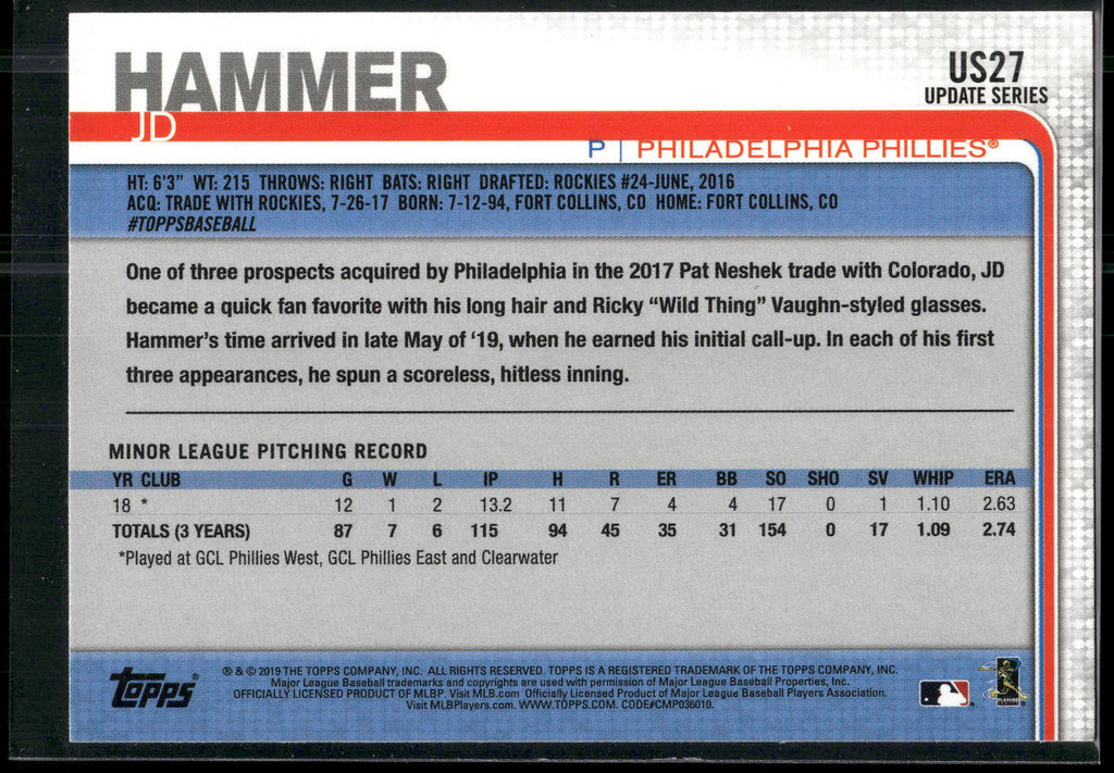 2019 Topps Update #US27 J.D. Hammer