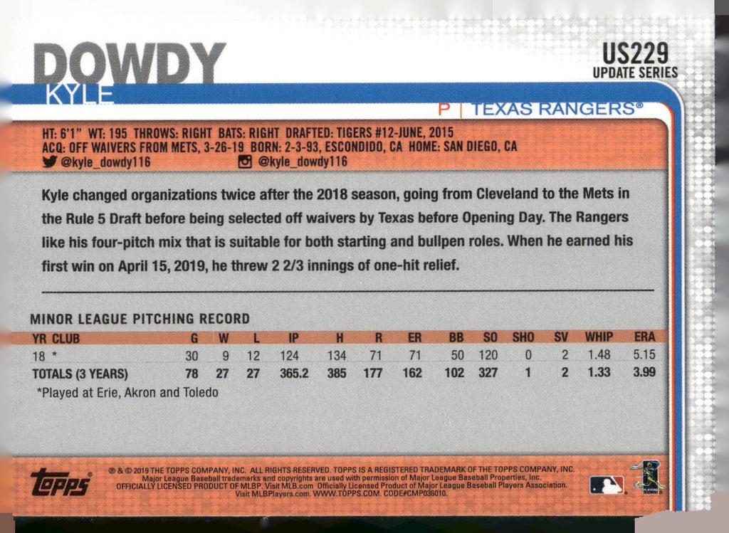 2019 Topps Update #US229 Kyle Dowdy