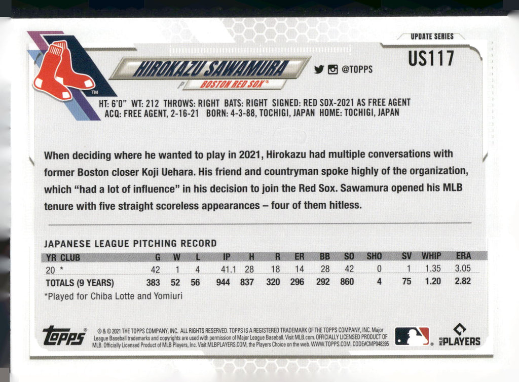 2021 Topps Update #US117 Hirokazu Sawamura