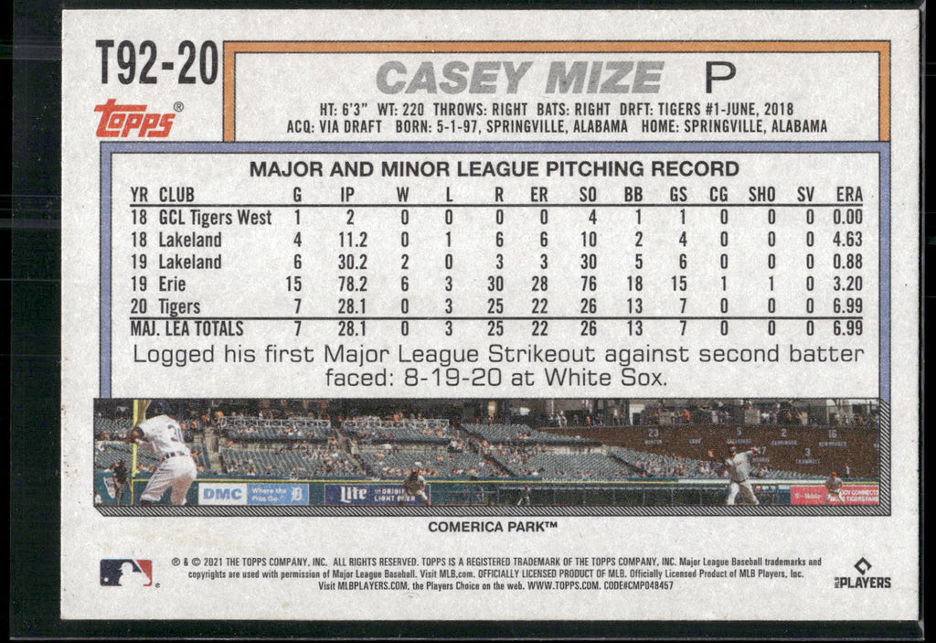 2021 Topps Update #T92-20 Casey Mize 1992 Topps Redux