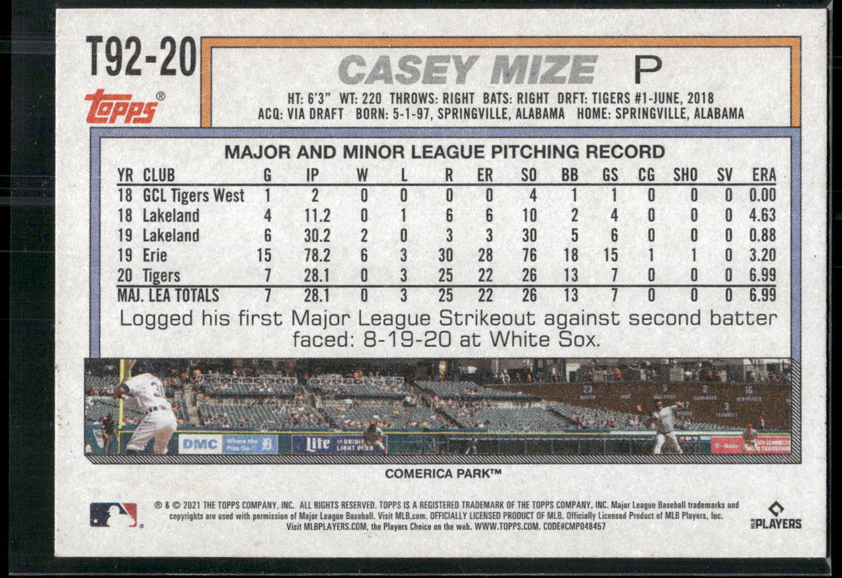 2021 Topps Update #T92-20 Casey Mize 1992 Topps Redux