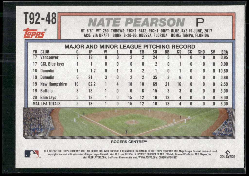 2021 Topps Update #T92-48 Nate Pearson 1992 Topps Redux