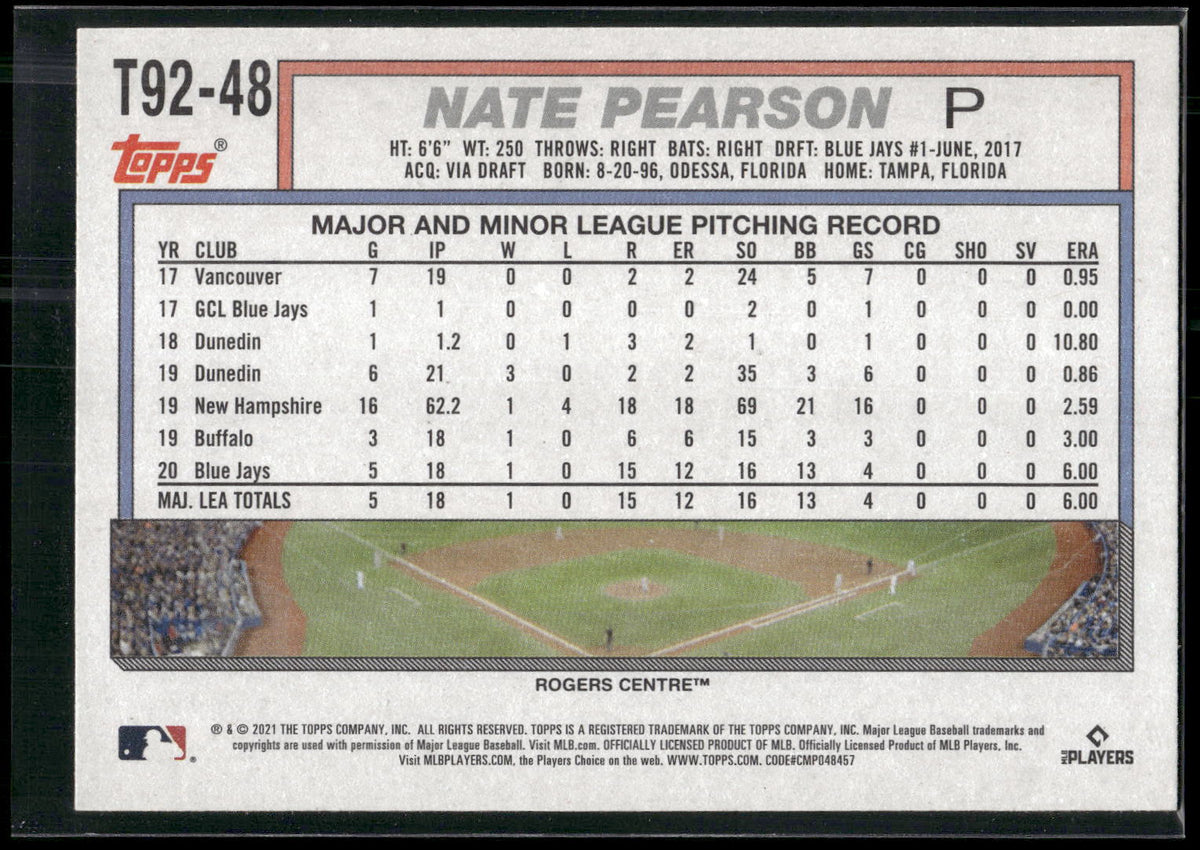 2021 Topps Update #T92-48 Nate Pearson 1992 Topps Redux