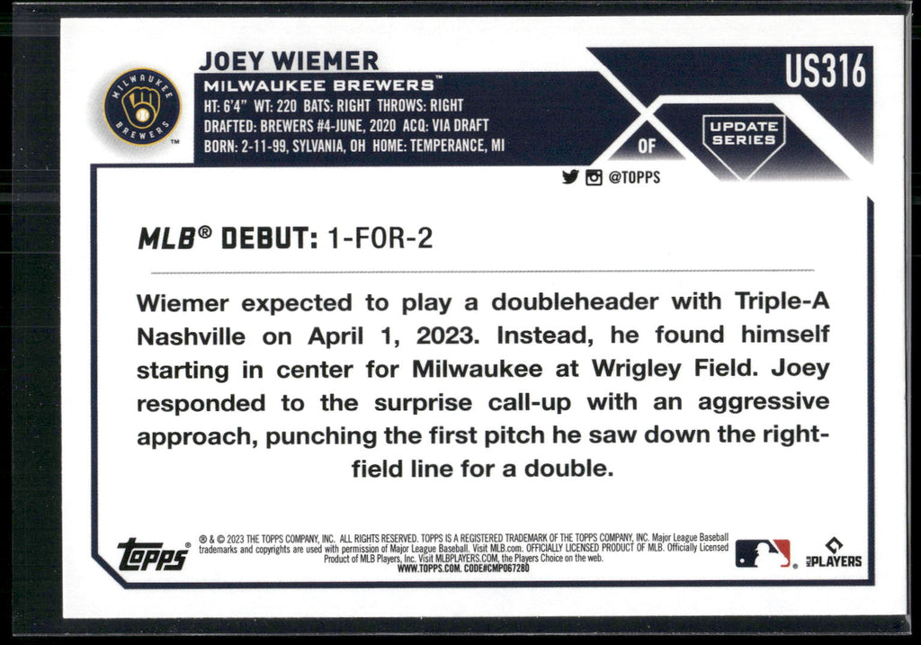 2023 Topps Update #US316 Joey Wiemer
