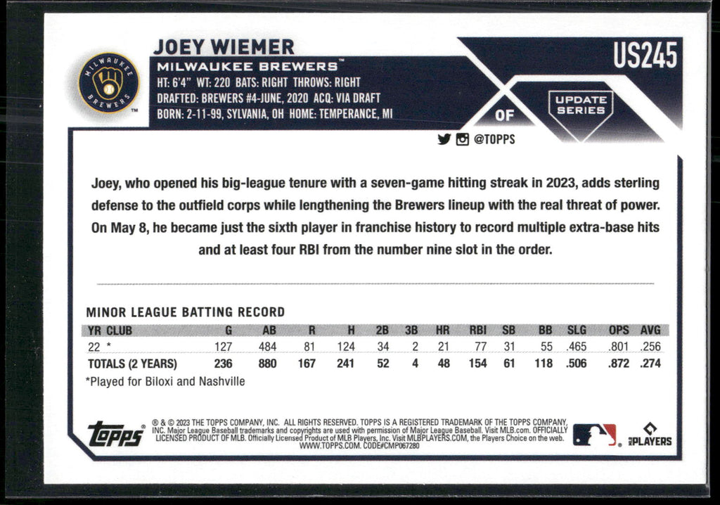2023 Topps Update #US245 Joey Wiemer