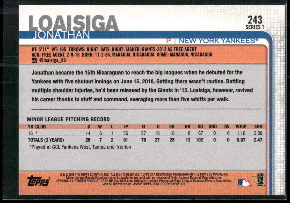 2019 Topps #243 Jonathan Loaisiga