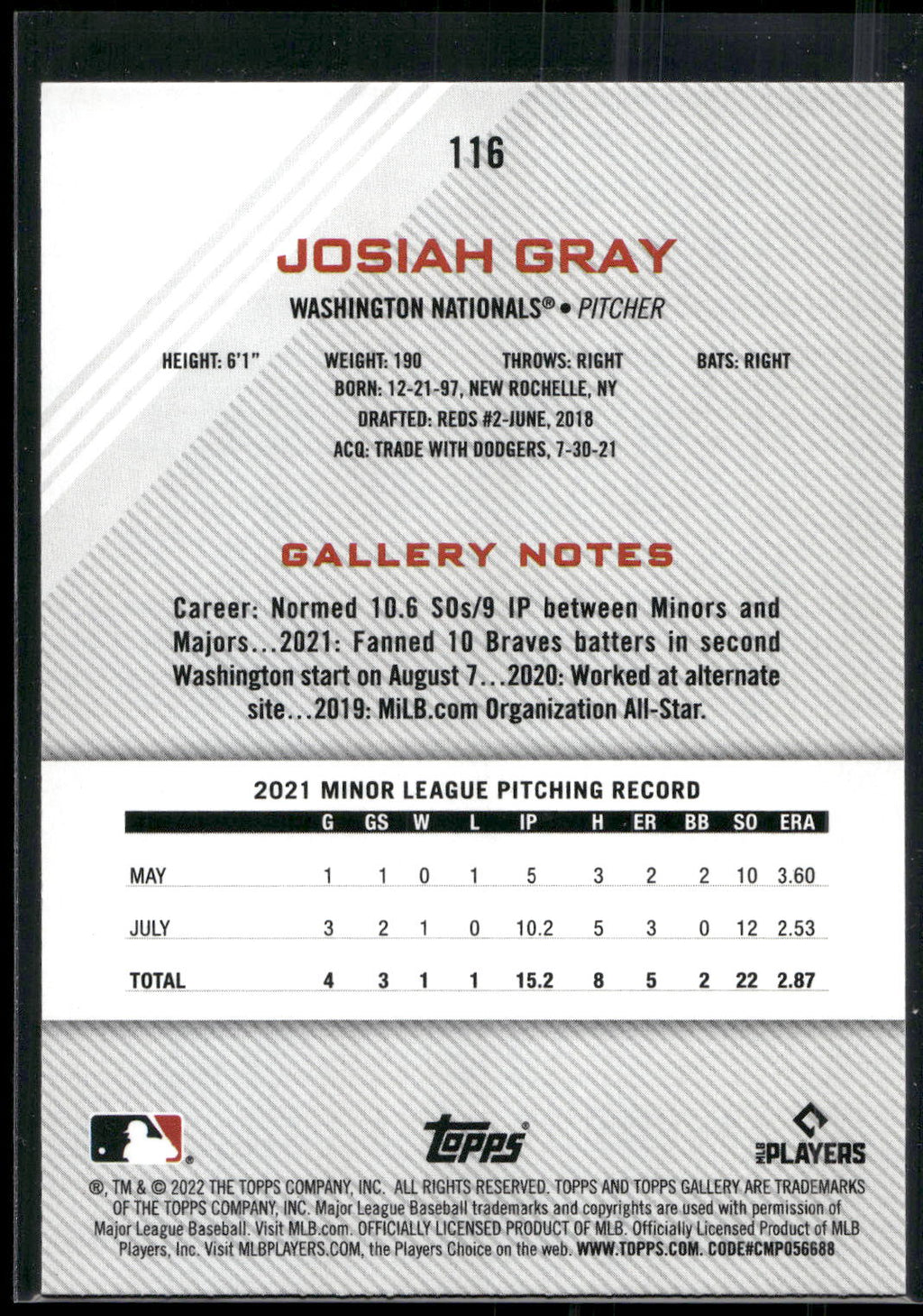 2022 Topps Gallery #116 Josiah Gray