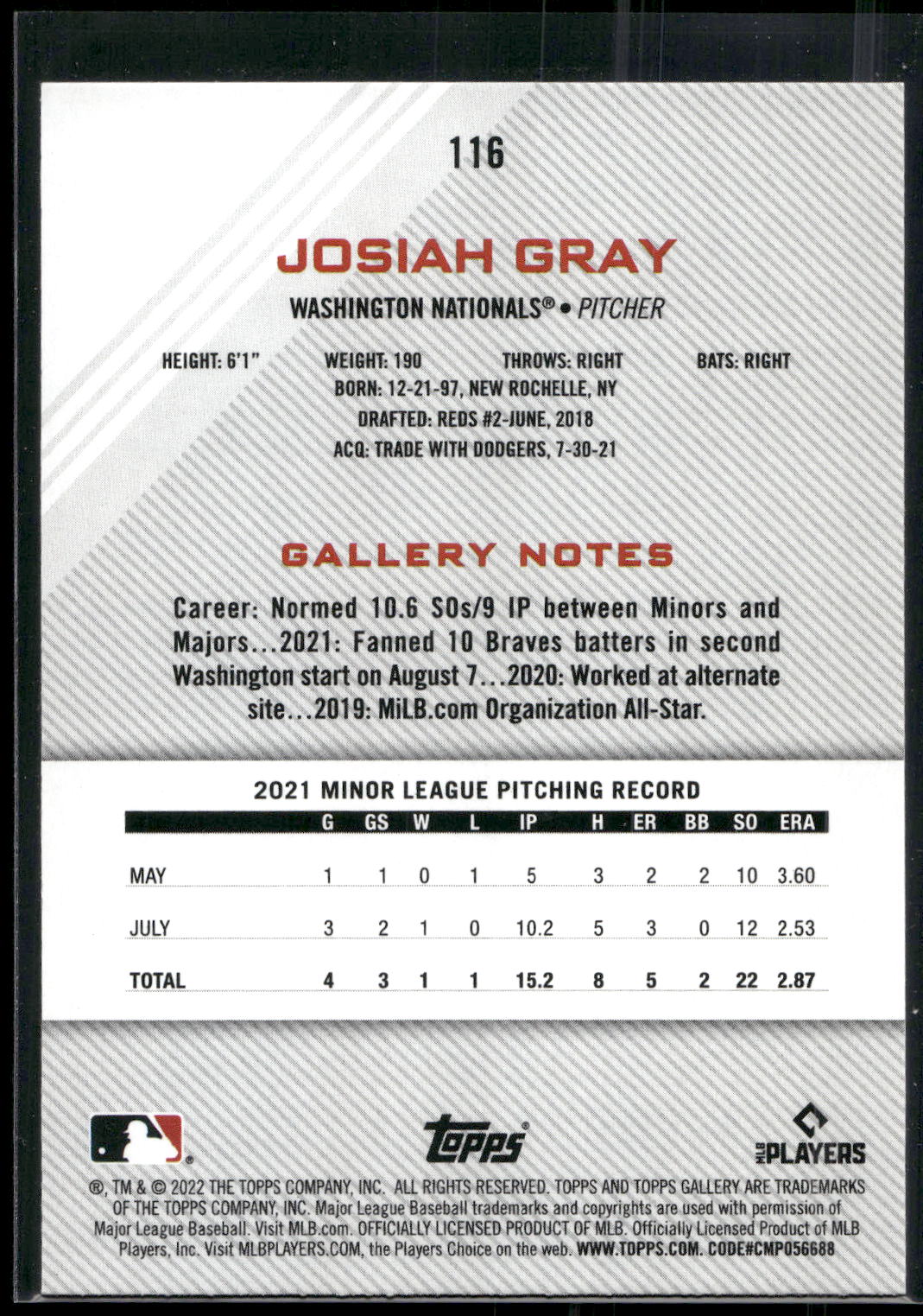2022 Topps Gallery #116 Josiah Gray