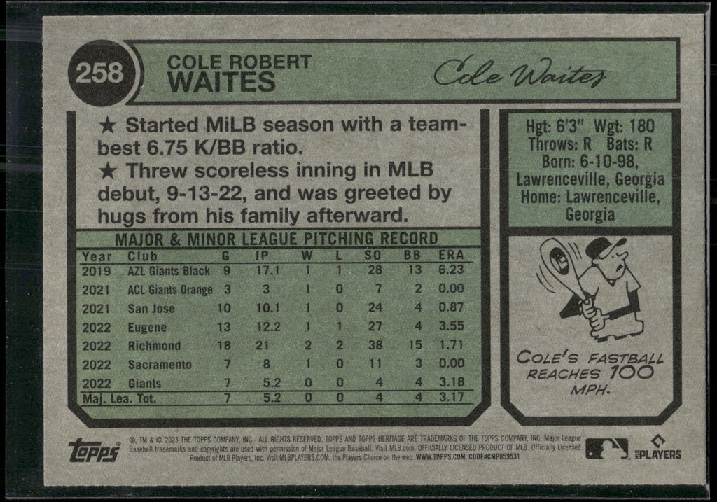 2023 Topps Heritage #258 Cole Waites