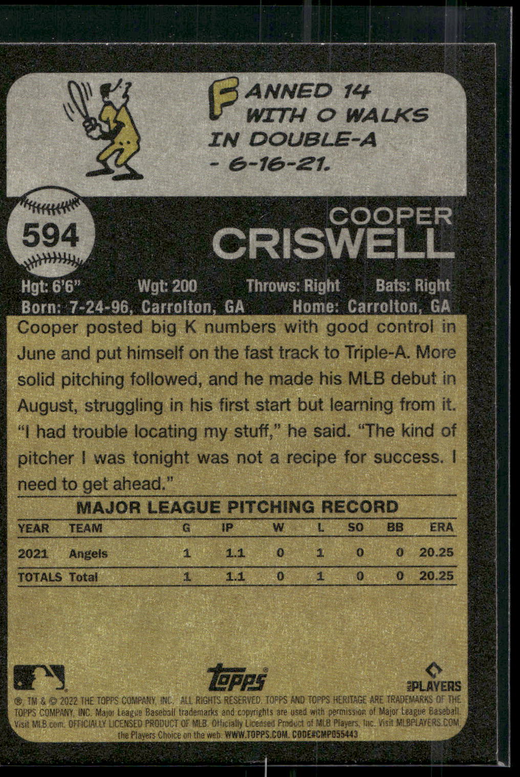2022 Topps Heritage #594 Cooper Criswell
